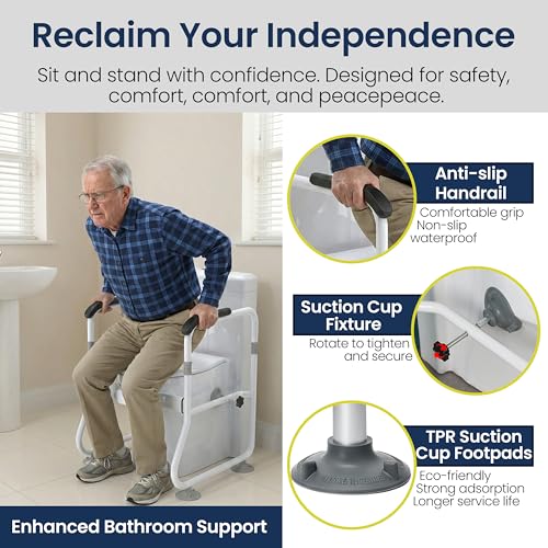 Toilet Safety Rail for Seniors - 300LBS Sturdy Adjustable Bathroom Assist Handle with Suction Cups, Tool-Free Installation, Ideal for Elderly, Post-Surgery, Mobility Impaired & Disabled