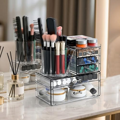 ShineMe Acrylic Makeup Organizers, 2 Tier Stackable Cosmetic Organizer for Vanity with 360° Rotating Makeup Brush Holder & 5 Drawers, Clear Hair Accessory Organizer Countertop for Dresser, Bathroom - size: 2tires, 5 drawers