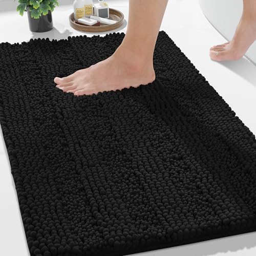 Yimobra Bathroom Rug Mat, Non Slip and Super Absorbent Bath Mat, Machine Washable Quick Dry, Ultra Plush Chenille Shower Rugs for Bathroom Floor Sink Tub and Shower Outside, Black, 24 x 17 - color: Black, size: 24" X 17"