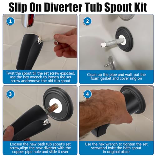 Diverter Tub Spout Compatible with Kohler GP85556-CP (Matte Black) | Slip On Bathroom Bathtub Faucet Replacement for 1/2"Copper Water Tube, Metal Cover Ring and Foam Gasket Included - color: Matte Black