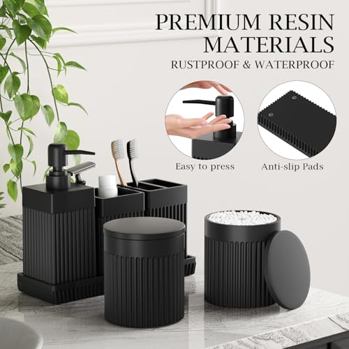 6-Piece Black Bathroom Set - Sleek Resin Organizer with Soap Dispenser, Toothbrush Holder, Vanity Tray, Tumbler & Apothecary Jars for Small Spaces - color: Black