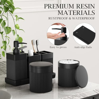 6-Piece Black Bathroom Set - Sleek Resin Organizer with Soap Dispenser, Toothbrush Holder, Vanity Tray, Tumbler & Apothecary Jars for Small Spaces - color: Black
