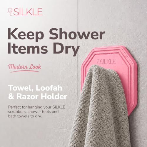 SILKLE Silicone Shower Hooks for Inside Shower, 2-Pack Adhesive Towel Hooks | Adhesive Shower Hooks, No Drill - Razor & Loofah Holders for Shower Wall, Heavy-Duty, Waterproof, Damage-Free - Pink - color: Pink