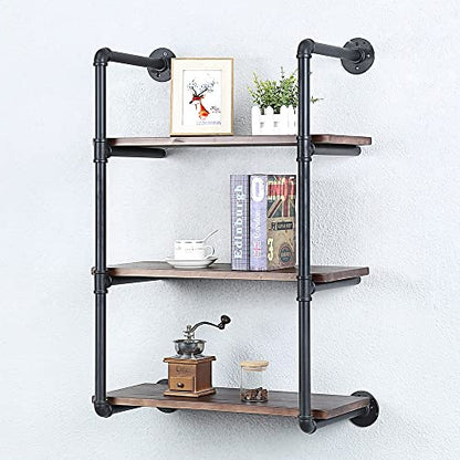 Industrial Pipe Shelves With Wood Planks,Rustic Pipe Shelving Wall Shelf | Metal Pipe Solid Pine Wood,Easy to Assemble,Wooden Board Thickness 0.78 In,For Bar Farmhouse Kitchen Office Bathroom,Bedroom - color: 3-layer, size: 24in