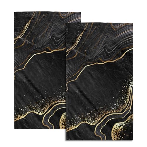 Miaoquhe Black Gold Marble Hand Towel Set of 2, Marble Texture Soft Highly Bath Towels 14x28in Absorbent Bathroom Hand Face Fingertip Towels Washcloth Quick Dry DecorTowels for Kitchen Gym Spa - color: Marble-black