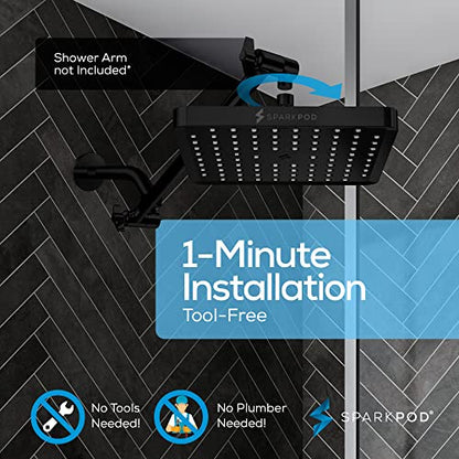 SparkPod Rain Shower Head, 8 Inch Square, Midnight Black Matte Finish | High Pressure Shower Heads, 90 Nozzles, Adjustable Showerhead, No Tools Needed, Universal Connection - color: Midnight Black Matte, style: 8 Inch Square