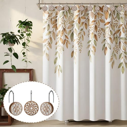 BreezeHug 12pcs Boho Shower Curtain Hooks Decorative Shower Curtain Hangers for Bathroom Rod Resin Round Rings with Brown Floral Pattern, Waterproof - style: Geometry