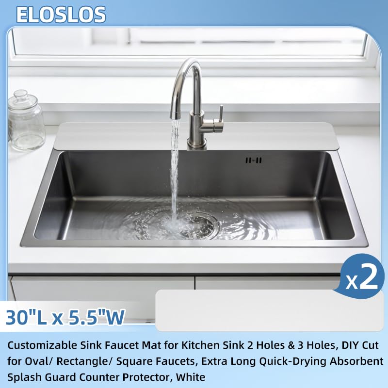 2PCS 30″x5.5″ Customizable Sink Faucet Mat 2&3 Hole Kitchen Sinks, White | DIY Cut for Oval/Rectangle/Square Faucets, Extra Long Coverage, For Splashes & Drips - style: 2 Pcs White