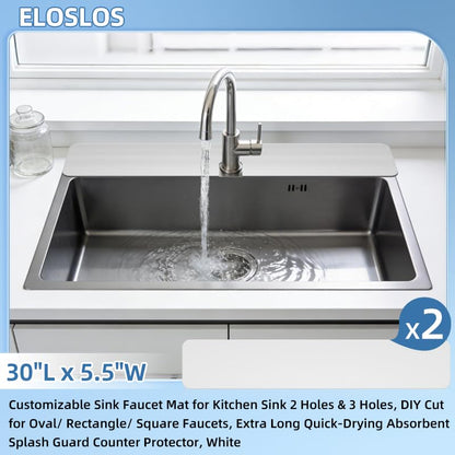 2PCS 30″x5.5″ Customizable Sink Faucet Mat 2&3 Hole Kitchen Sinks, White | DIY Cut for Oval/Rectangle/Square Faucets, Extra Long Coverage, For Splashes & Drips - style: 2 Pcs White