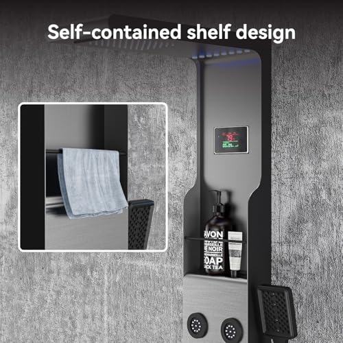 ELLO&ALLO LED Rainfall Shower Head and Rain Massage System with Body Jets Stainless Steel Bathroom Shower Panel Tower System with Shelf, Brushed Nickel&Black