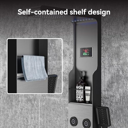 ELLO&ALLO LED Rainfall Shower Head and Rain Massage System with Body Jets Stainless Steel Bathroom Shower Panel Tower System with Shelf, Brushed Nickel&Black