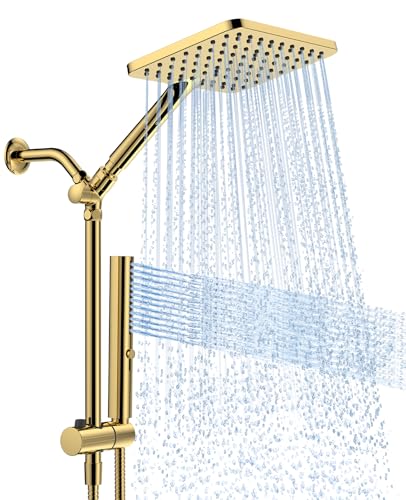 High Pressure Rain Shower Head with Handheld Combo, 10 Inch Square Rainfall Showerhead, Adjustable Slide Bar Dual Shower System, 3 Spray Modes, 59" Stainless Steel Hose, Gold - color: Gold, style: Basic