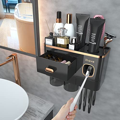 iHave Toothbrush Holders Bathrooms Wall Mount Toothpaste Dispenser & 2 Cups | Luxury White & Gold Bathroom Decor:2 Cups, 6 Slots, Toothpaste Dispenser, Large Tray & Drawer Wall Mount Toothbrush Organizer - color: Black Gold, size: 2 Cup