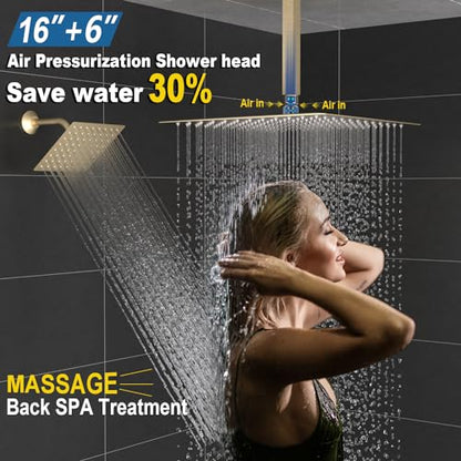 Enga Thermostatic Dual Head Shower System - 16"+6" Ceiling & Wall Mount Rainfall Showerheads, All Functions Simultaneous & Adjustable Volume, Brushed Gold - color: Brushed Gold, style: ‎16"+6" Head
