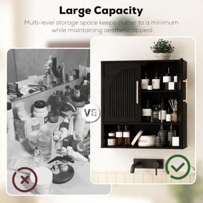 RUSTOWN Fluted Bathroom Wall Cabinet with Arched Doors & Rounded Edges | Over The Toilet Storage Cabinet with Adjustable Shelf, Mid Century Modern Medicine Cabinets, Laundry & Kitchen Shelving Unit - color: Rustic Black