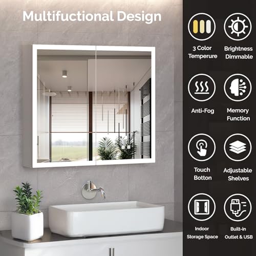 VINGLI Lighted Medicine Cabinet with Mirror Bathroom Mirror Medicine Cabinet Wall Mounted with Storage LED Lights Charging Station Defogger Modern Bathroom Mirrors for over Sink with Storage (32"*28") - size: 5.9"D x 31.5"W x 27.58"H