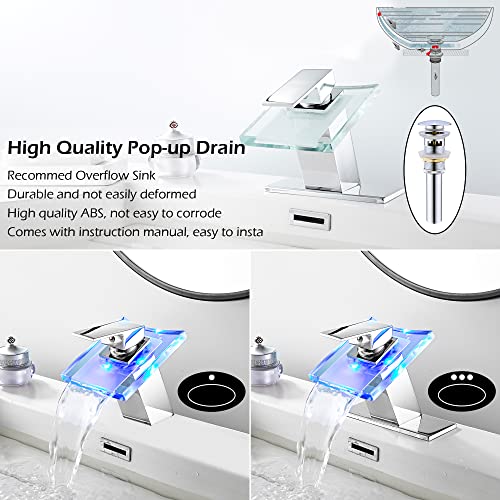 Bathroom Waterfall Sink Faucet Chrome LED Glass Spout with Drain Stopper | Single Handle One Hole Modern Design Basin Faucet 3 Color Changing Battery Powered Lavatory Vanity Sink Deck Mount - color: Chrome, style: LED with Drain