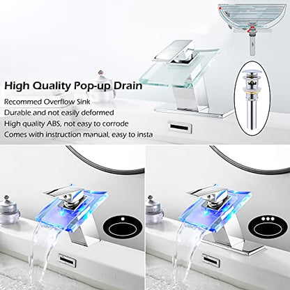 Bathroom Waterfall Sink Faucet Chrome LED Glass Spout with Drain Stopper | Single Handle One Hole Modern Design Basin Faucet 3 Color Changing Battery Powered Lavatory Vanity Sink Deck Mount - color: Chrome, style: LED with Drain