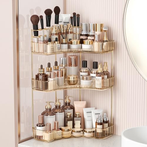 BEFSOP Corner Bathroom Counter Organizer, Upgraded 3-Tier Makeup Organizer Countertop with Makeup Brush Holder, Skincare Exquisite Vanity Organizers Countertop Bathroom Storage Dresser(GOLD) - color: Gold, size: 3 Tier