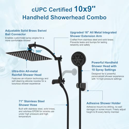 Hibbent Metal 10" High Pressure Rain Shower Head Combo, Oil-Rubbed Bronze | cUPC Certified Rainfall Shower Head with handheld 10 Sprays, 16'' Adjustable Extension Arm, 71'' Hose, Showerhead Holder - color: Oil Rubbed Bronze, style: Square 10''
