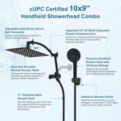 Hibbent Metal 10" High Pressure Rain Shower Head Combo, Oil-Rubbed Bronze | cUPC Certified Rainfall Shower Head with handheld 10 Sprays, 16'' Adjustable Extension Arm, 71'' Hose, Showerhead Holder - color: Oil Rubbed Bronze, style: Square 10''