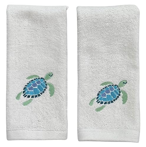 Serafina Home Turtle Bath Fingertip Towels: Summer Nautical Soft Absorbent Guest Sea Turtle Decor: Aqua Blue Turquoise Embroidery Design, 2 Piece 12" x 18" Inches - color: Aqua Turtles