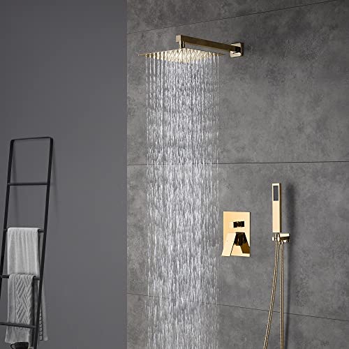 Cascada 12” Square Shower System (Wall Mounted) with Single Handle & square knob, 2 Functions (Rainfall & Handheld) (Brushed Gold) - color: Brushed Gold