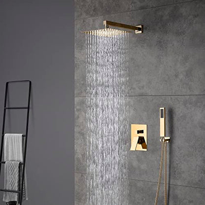 Cascada 12” Square Shower System (Wall Mounted) with Single Handle & square knob, 2 Functions (Rainfall & Handheld) (Brushed Gold) - color: Brushed Gold
