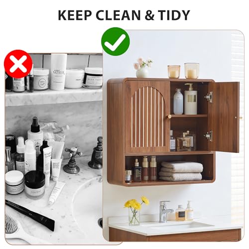 Wall Mounted Storage Cabinet Wood Medicine Cabinet, Over Toilet Organizers | Walnut Over Toilet Storage, Mid-Century Bathroom Wall Cabinet with Adjustable Shelf & Door for Bathroom Laundry Room Kitchen