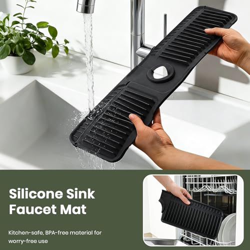 24 Inch Faucet Mat for Kitchen Sink, Silicone Splash Guard for Kitchen Sink Area, 7° Slope Fast Self-Draining Sink Mat, Cuttable Hole Design, Sink Backsplash Guard Draining Mat, Black - color: Black
