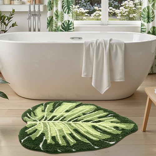 LUMI Cute Bathroom Rug Green Leaf, Absorbent Non Slip Bath Mat, 31.5"x47" | Monstera Plant, Soft Plush Microfiber, Quick Dry, Washable for Shower Floor, Bathroom, Sink Bathtub, Bedroom, Kids Room - color: Ample Monstera-large