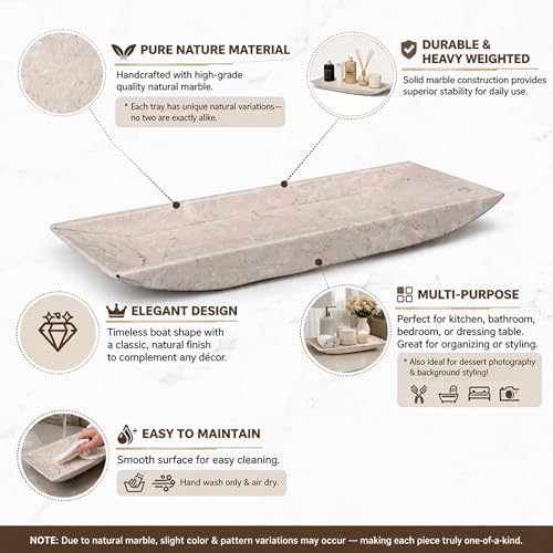 Creative Home Natural Champagne Marble Rectangular Vanity Tray Towel Tray Boat Shaped Tray Bathroom Accessories Organizer for Bathroom Countertop, Kitchen Sink, Jewelry, 16.5" x 6.3" x 1.5" H, Beige - size: 16.5" x 6.3" x 1.5", style: Boat Shaped Tray