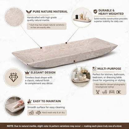 Creative Home Natural Champagne Marble Rectangular Vanity Tray Towel Tray Boat Shaped Tray Bathroom Accessories Organizer for Bathroom Countertop, Kitchen Sink, Jewelry, 16.5" x 6.3" x 1.5" H, Beige - size: 16.5" x 6.3" x 1.5", style: Boat Shaped Tray