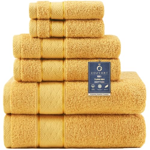 COZYART Bath Towel Set 6 PCS, Luxury Gold 100% Turkish Cotton 650GSM Soft | Absorbent Quick Dry, OEKO‑Tex 100 Cert. Zero Twist Ring Spun Cotton, Plush Fluffy, Breathable Hotel Quality Bathroom Towels - color: Mustard Gold