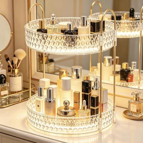 360° Rotating Makeup Organizer, 2-Tier Large Capacity Cosmetic Storage Rack for Bathroom Countertop & Vanity, Clear Acrylic Holder for Skincare, Perfume & Beauty Essentials
