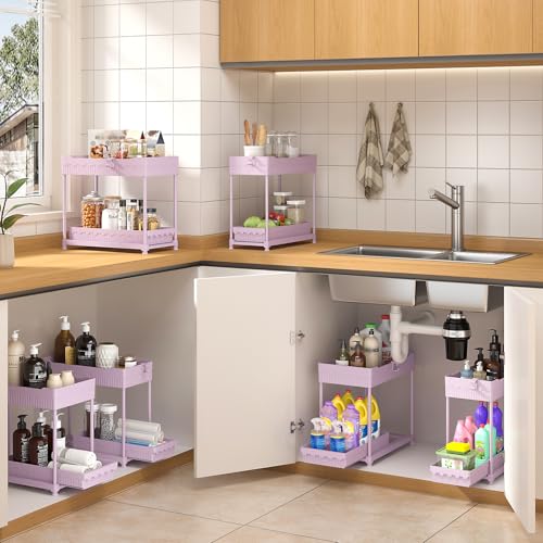 Sevenblue 3 Pack Under Sink Organizers, 2-Tier Multi-Use Kitchen and Bathroom Organizers and Storage with Sliding Drawers, Bathroom Cabinet Organizer (Pink, 14.8 Inch) | Multi-use kitchen & bathroom storage, 14.8 inch pink cabinet organizer, space-saving