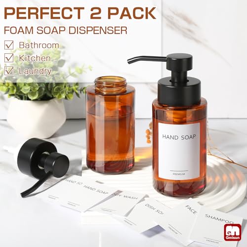 GMISUN Glass Foaming Soap Dispenser, 10 Fl oz / 300ml Amber Glass Soap Dispenser for Bathroom & Kitchen, 2 Pack Modern Refillable Foam Hand Soap Dispensers, Bathroom Hand Soap Dispensers with Labels - color: Amber Bottle, size: 10 Fl oz