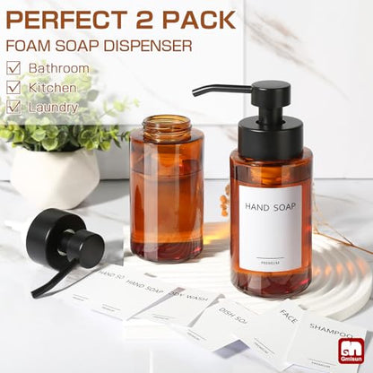 GMISUN Glass Foaming Soap Dispenser, 10 Fl oz / 300ml Amber Glass Soap Dispenser for Bathroom & Kitchen, 2 Pack Modern Refillable Foam Hand Soap Dispensers, Bathroom Hand Soap Dispensers with Labels - color: Amber Bottle, size: 10 Fl oz