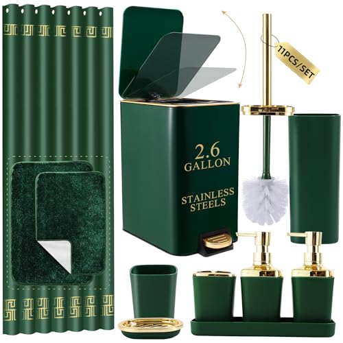 XLHOMO Bathroom Sets with Shower Curtain and Rugs Bathroom Accessories Set Hunter Green Bathroom Set,Soap Dispenser & Toilet Brush Holder Set with Stainless Steel Trash Can - size: Hunter Green, style: Bath Set+Shower Curtain+Bath Rugs