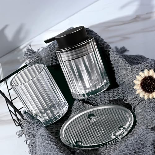CERBIOR Bathroom Accessories Set, 4 PCS Glass Bathroom Set,Black Grey | Includes Soap Dispenser, Toothbrush Holder, Toothbrush Cup, Soap Dish for Decorative Countertop and Housewarming Gift - style: Black Grey