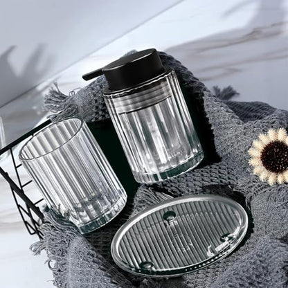 CERBIOR Bathroom Accessories Set, 4 PCS Glass Bathroom Set,Black Grey | Includes Soap Dispenser, Toothbrush Holder, Toothbrush Cup, Soap Dish for Decorative Countertop and Housewarming Gift - style: Black Grey