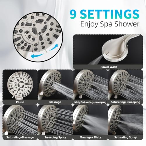 Shower Head, 9 Settings High Pressure shower head with handheld, Built-in Pause Mode & Power Wash, Non-Clogging Nozzles, 6ft Hose,Bracket (Satin Nickel) - color: Satin Nickel