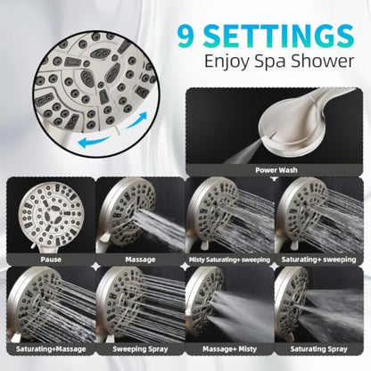 Shower Head, 9 Settings High Pressure shower head with handheld, Built-in Pause Mode & Power Wash, Non-Clogging Nozzles, 6ft Hose,Bracket (Satin Nickel) - color: Satin Nickel