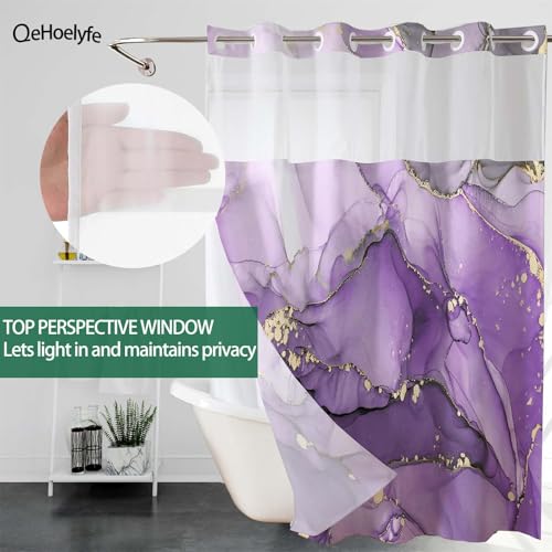 Purple Marble No Hook Shower Curtain with Snap in Liner- Luxury Marble Shower Curtains for Bathroom- Fabric Inner Liner, Modern Abstract Gold Stripes Bath Curtains- Machine Washable,71 x 74 - color: Purple Marble