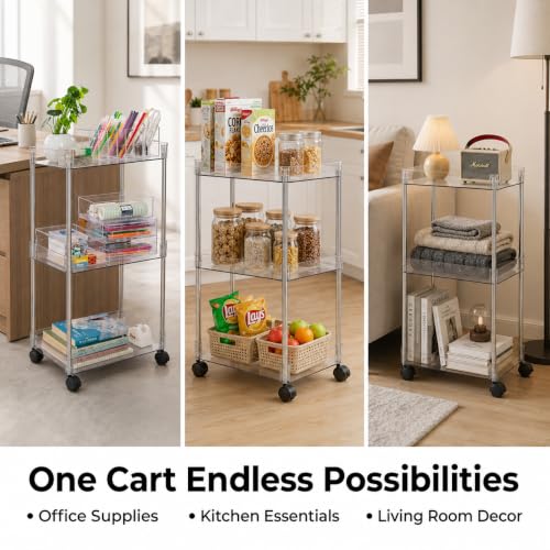 American Dream Acrylic 3-Tier Rolling Cart with Wheels, Chrome & Clear Utility Storage Trolley, Mobile Organizer for Kitchen, Bathroom & Office - size: Large