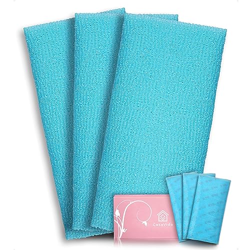 Exfoliating Washcloth Back Scrubber, Blue, 3 Pack | Japanese Beauty Washcloth, Back Scrubber for Daily Use, Textured Poly Nylon Body, Smoother-Looking Skin, Quick-Dry - style: Blue x 3