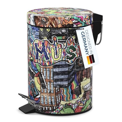 Sanilo Small Bathroom Trash Can with Lid [1.3 Gallon] - Lidded Tiny Trashcan for Garbage - Mini Metal Bin with Soft Closing Mechanism - Bath Room Accessoire Wastebin with Inner Bucket (Graffiti) - color: Graffiti