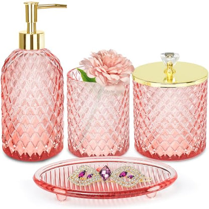 Haturi Glass Bathroom Accessories Set, Light Pink Bathroom Set, 4 Pcs | Kit w/ Bathroom Soap Dispenser Set, Toothbrush Holder, Qtip Holder, Vanity Tray, Pink Bathroom Decor, Gift for Home Apartment - style: Light Pink