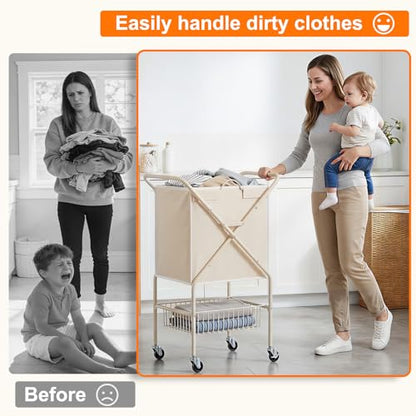 Laundry Basket with Wheels:88L Rolling Laundry Cart Foldable Metal Frame Dirty Clothes Laundry Hamper 36"H 4 Caster 2 Brake Waterproof Removable Liner Carry Handle for Dorm Laundry Room,Cream - color: Cream