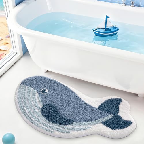 LUMI Cute Animal Bathroom Rugs, Soft Absorbent Non Slip Bath Mats, 20"x35" | Whale Shaped, Quick Dry Microfiber, Machine Washable, Ideal Floor Mat for Shower Sink Bathtub Kid’s Room Decor - color: Deep Whale